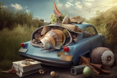 Abstract conceptual surreal collage of a summer vacation theme with a snail shell and a suitcase. Generative AIの素材