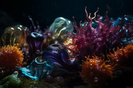 Colorful illustration of an underwater oceanic scene with corals. Created with generative AIの素材
