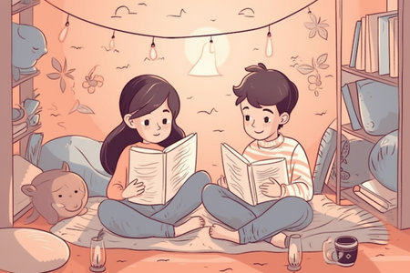 Hand drawn children illustration of two kids, a boy and a girl, reading while sitting on the carpet. Created with generative AIの素材