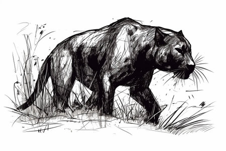 Hand drawn ink illustration of a black panther in its natural habitat. Created with generative AI.の素材
