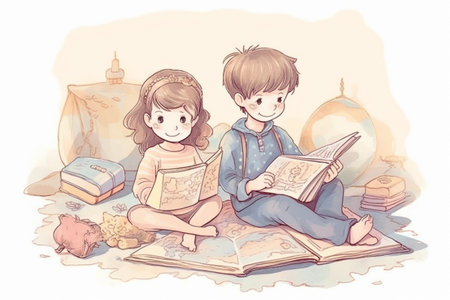 Hand drawn children illustration of two kids, a boy and a girl, reading while sitting on the carpet. Created with generative AIの素材