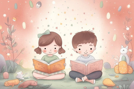 Hand drawn children illustration of two kids, a boy and a girl, reading while sitting on the carpet. Created with generative AIの素材