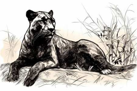 Hand drawn ink illustration of a black panther in its natural habitat. Created with generative AI.の素材