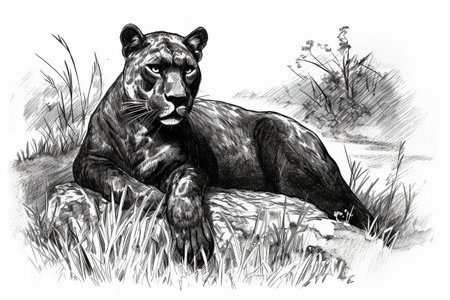 Hand drawn ink illustration of a black panther in its natural habitat. Created with generative AI.の素材