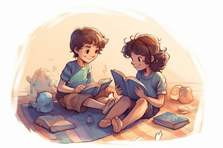 Hand drawn children illustration of two kids, a boy and a girl, reading while sitting on the carpet. Created with generative AIの素材