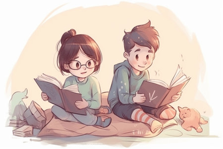 Hand drawn children illustration of two kids, a boy and a girl, reading while sitting on the carpet. Created with generative AIの素材