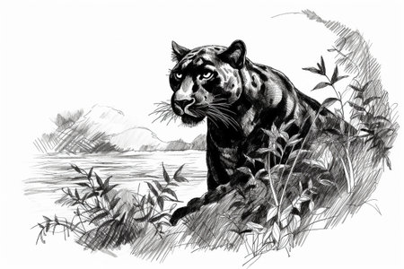 Hand drawn ink illustration of a black panther in its natural habitat. Created with generative AI.の素材