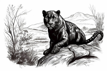Hand drawn ink illustration of a black panther in its natural habitat. Created with generative AI.の素材