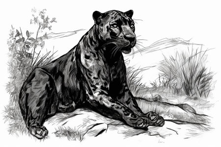 Hand drawn ink illustration of a black panther in its natural habitat. Created with generative AI.の素材
