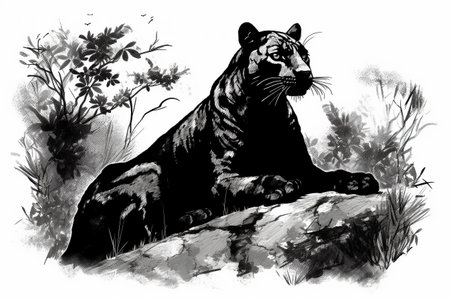 Hand drawn ink illustration of a black panther in its natural habitat. Created with generative AI.の素材