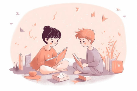 Hand drawn children illustration of two kids, a boy and a girl, reading while sitting on the carpet. Created with generative AIの素材