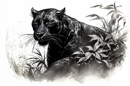 Hand drawn ink illustration of a black panther in its natural habitat. Created with generative AI.の素材