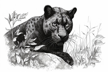 Hand drawn ink illustration of a black panther in its natural habitat. Created with generative AI.の素材