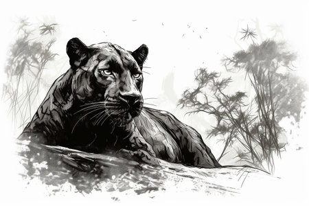 Hand drawn ink illustration of a black panther in its natural habitat. Created with generative AI.の素材