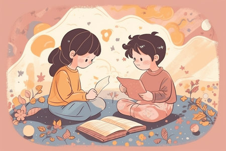 Hand drawn children illustration of two kids, a boy and a girl, reading while sitting on the carpet. Created with generative AIの素材
