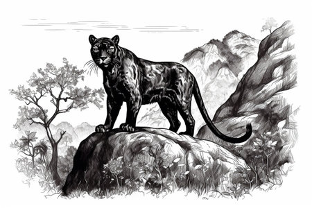 Hand drawn ink illustration of a black panther in its natural habitat. Created with generative AI.の素材