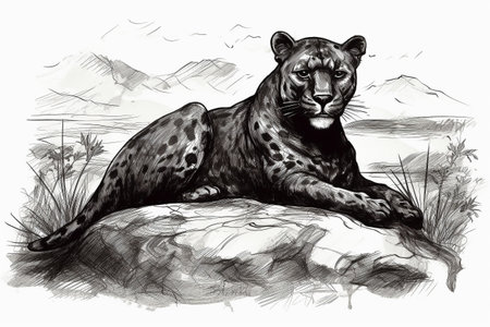 Hand drawn ink illustration of a black panther in its natural habitat. Created with generative AI.の素材