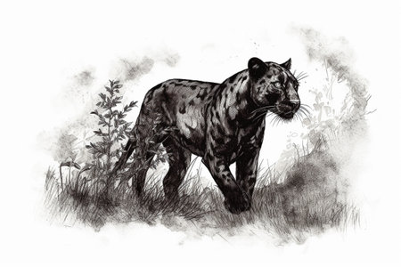 Hand drawn ink illustration of a black panther in its natural habitat. Created with generative AI.の素材