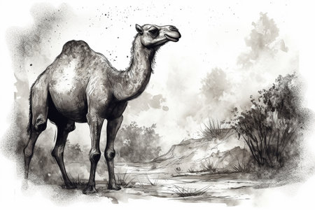 Hand drawn ink illustration of a camel in its natural habitat. Created with generative AI.の素材