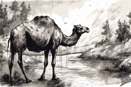 Hand drawn ink illustration of a camel in its natural habitat. Created with generative AI.の素材