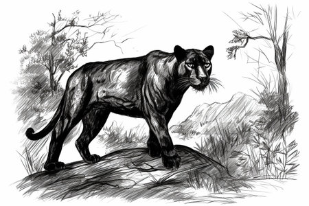 Hand drawn ink illustration of a black panther in its natural habitat. Created with generative AI.の素材