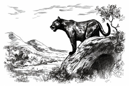 Hand drawn ink illustration of a black panther in its natural habitat. Created with generative AI.の素材