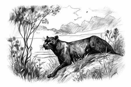 Hand drawn ink illustration of a black panther in its natural habitat. Created with generative AI.の素材