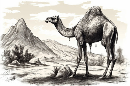 Hand drawn ink illustration of a camel in its natural habitat. Created with generative AI.の素材