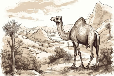Hand drawn ink illustration of a camel in its natural habitat. Created with generative AI.の素材