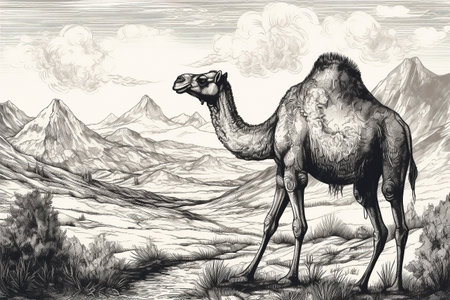 Hand drawn ink illustration of a camel in its natural habitat. Created with generative AI.の素材