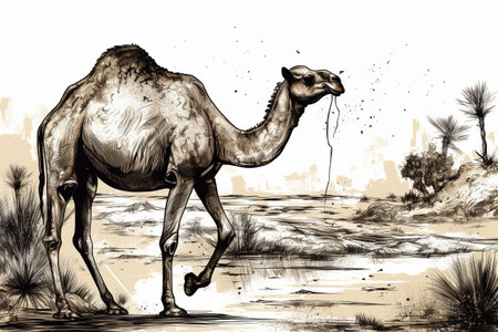 Hand drawn ink illustration of a camel in its natural habitat. Created with generative AI.の素材