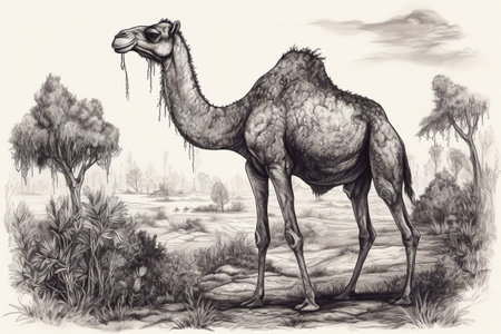 Hand drawn ink illustration of a camel in its natural habitat. Created with generative AI.の素材