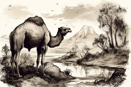 Hand drawn ink illustration of a camel in its natural habitat. Created with generative AI.の素材