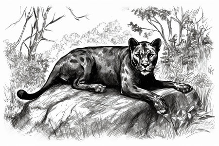 Hand drawn ink illustration of a black panther in its natural habitat. Created with generative AI.の素材