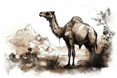 Hand drawn ink illustration of a camel in its natural habitat. Created with generative AI.の素材