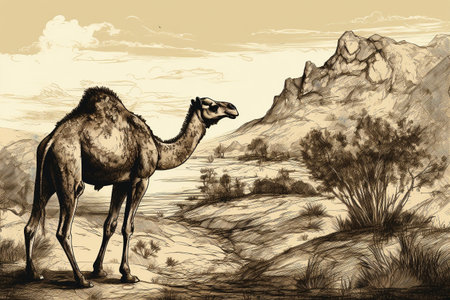 Hand drawn ink illustration of a camel in its natural habitat. Created with generative AI.の素材