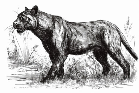 Hand drawn ink illustration of a black panther in its natural habitat. Created with generative AI.の素材