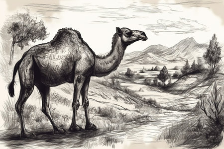 Hand drawn ink illustration of a camel in its natural habitat. Created with generative AI.の素材