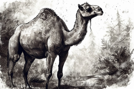 Hand drawn ink illustration of a camel in its natural habitat. Created with generative AI.の素材