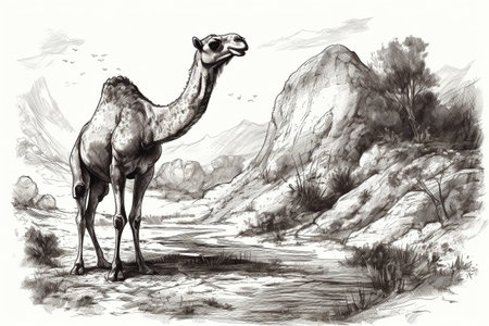 Hand drawn ink illustration of a camel in its natural habitat. Created with generative AI.の素材