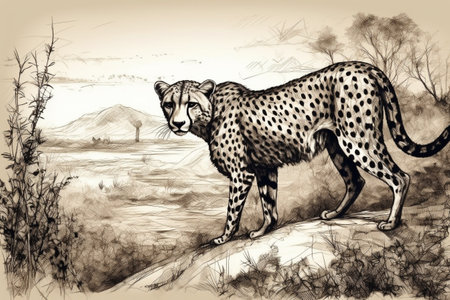Hand drawn ink illustration of a cheetah in its natural habitat. Created with generative AI.の素材