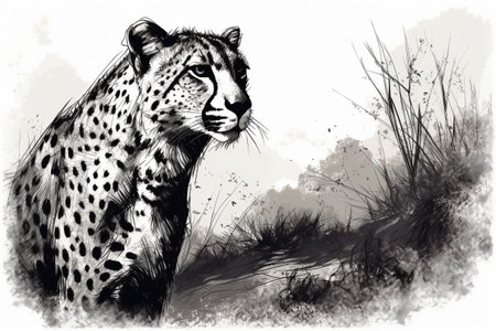 Hand drawn ink illustration of a cheetah in its natural habitat. Created with generative AI.の素材