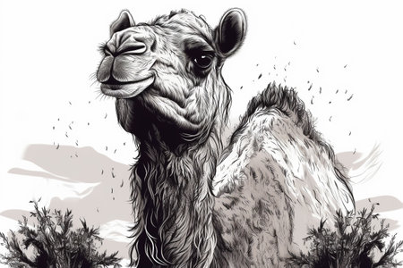 Hand drawn ink illustration of a camel in its natural habitat. Created with generative AI.の素材