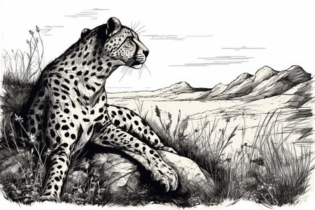 Hand drawn ink illustration of a cheetah in its natural habitat. Created with generative AI.の素材
