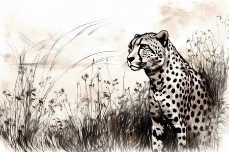 Hand drawn ink illustration of a cheetah in its natural habitat. Created with generative AI.の素材