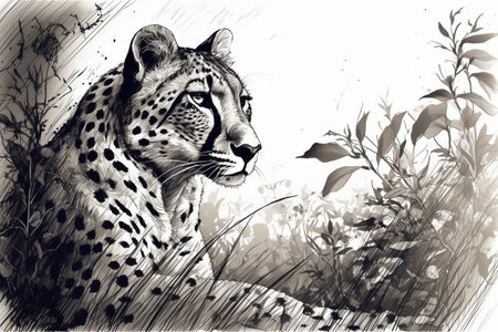 Hand drawn ink illustration of a cheetah in its natural habitat. Created with generative AI.の素材
