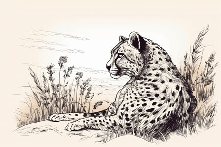 Hand drawn ink illustration of a cheetah in its natural habitat. Created with generative AI.の素材