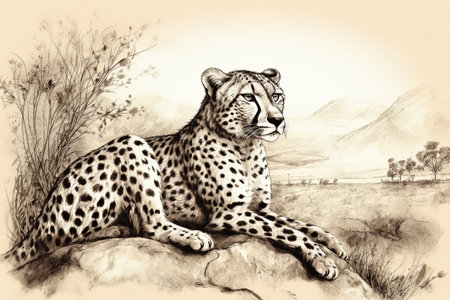Hand drawn ink illustration of a cheetah in its natural habitat. Created with generative AI.の素材