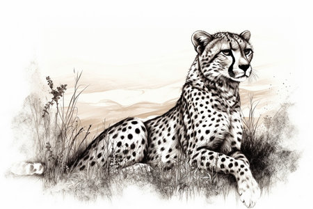 Hand drawn ink illustration of a cheetah in its natural habitat. Created with generative AI.の素材