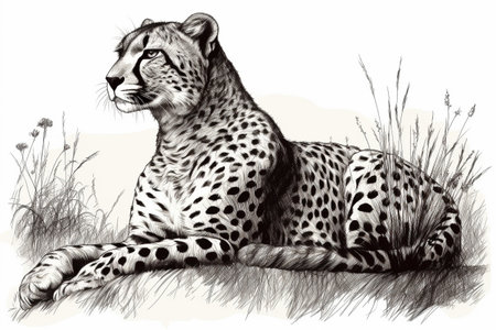 Hand drawn ink illustration of a cheetah in its natural habitat. Created with generative AI.の素材